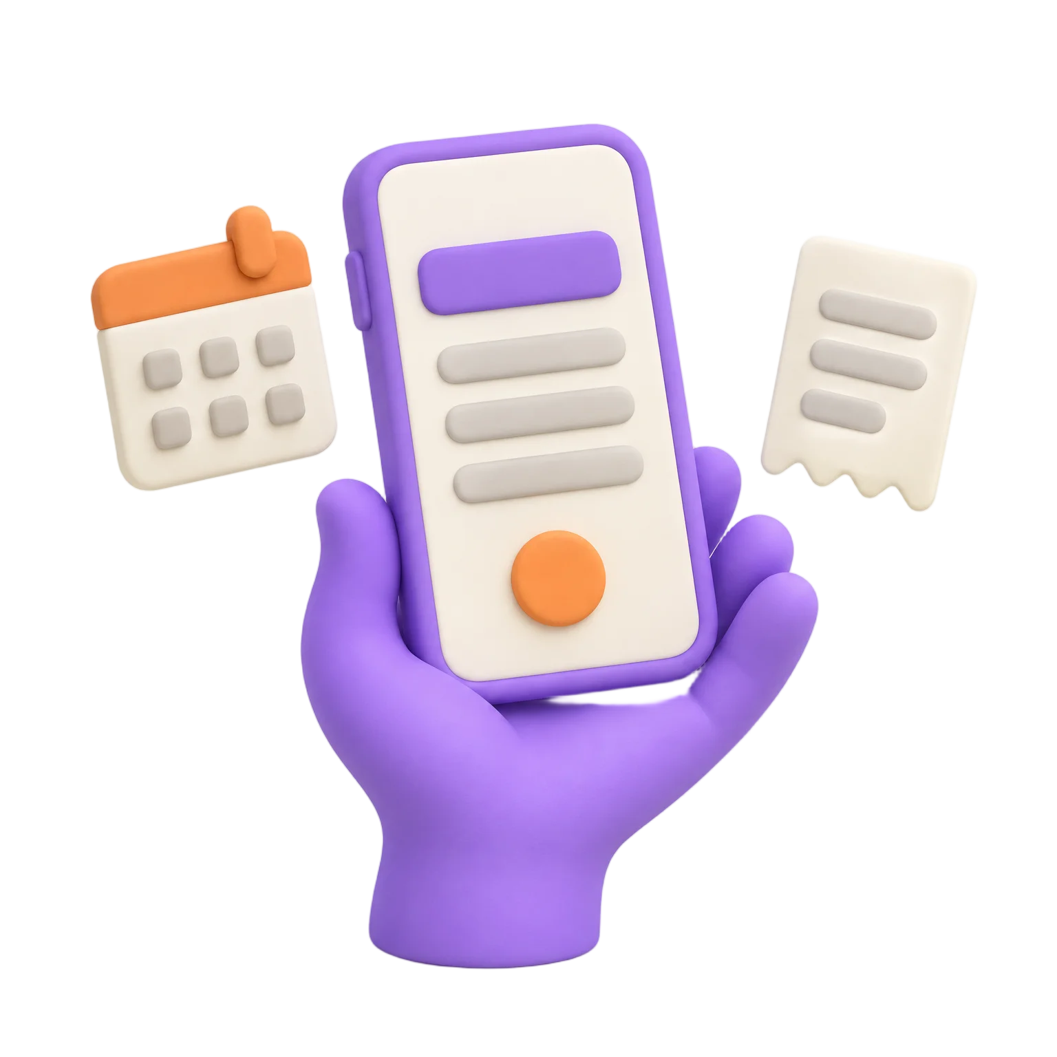 Matte clay illustration of a purple clay hand holding a clay smartphone showing an abstract clock-in screen, with a floating leave calendar card and receipt card