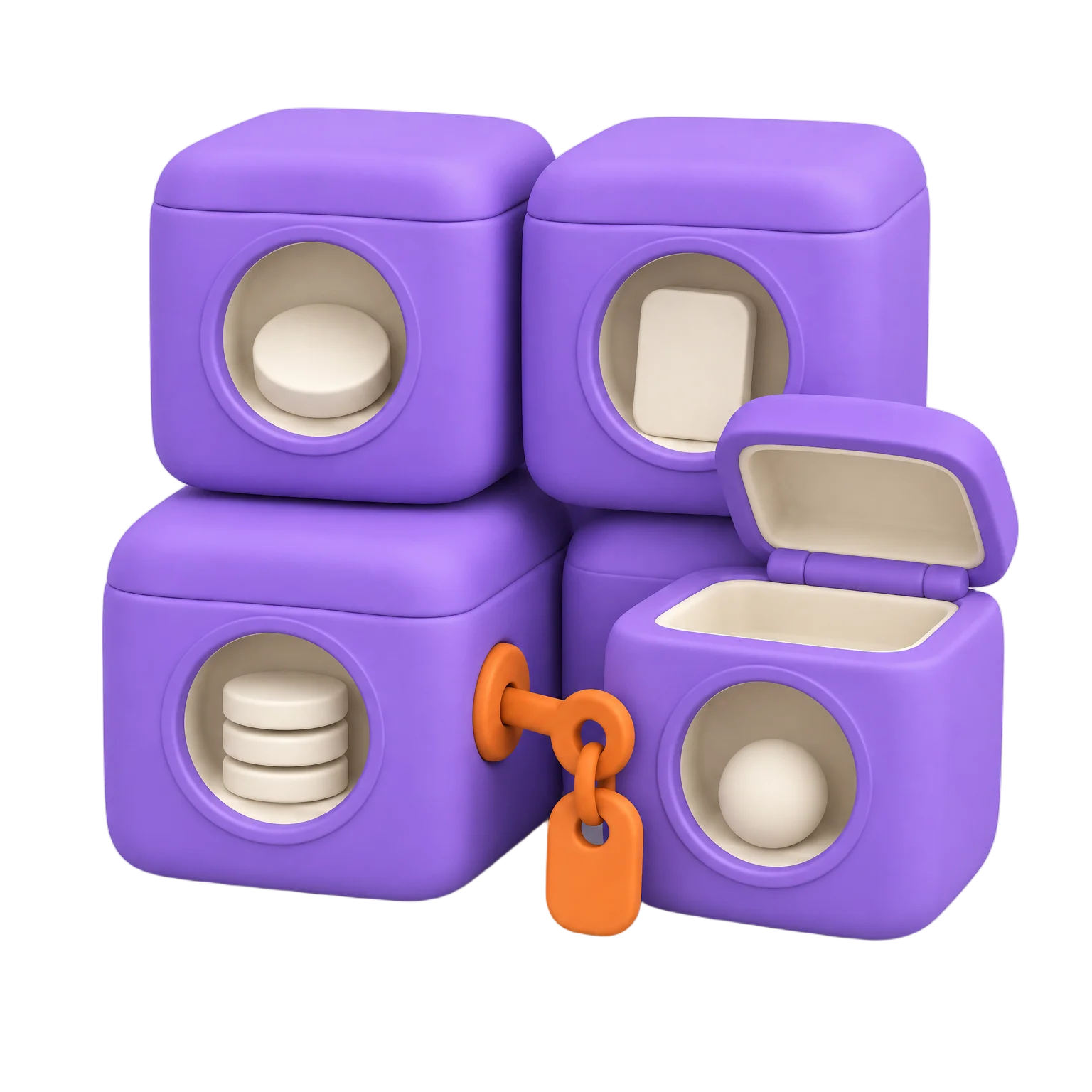 Matte clay illustration of separate sealed purple vault pods, each holding a distinct cream object, with an orange key unlocking one pod