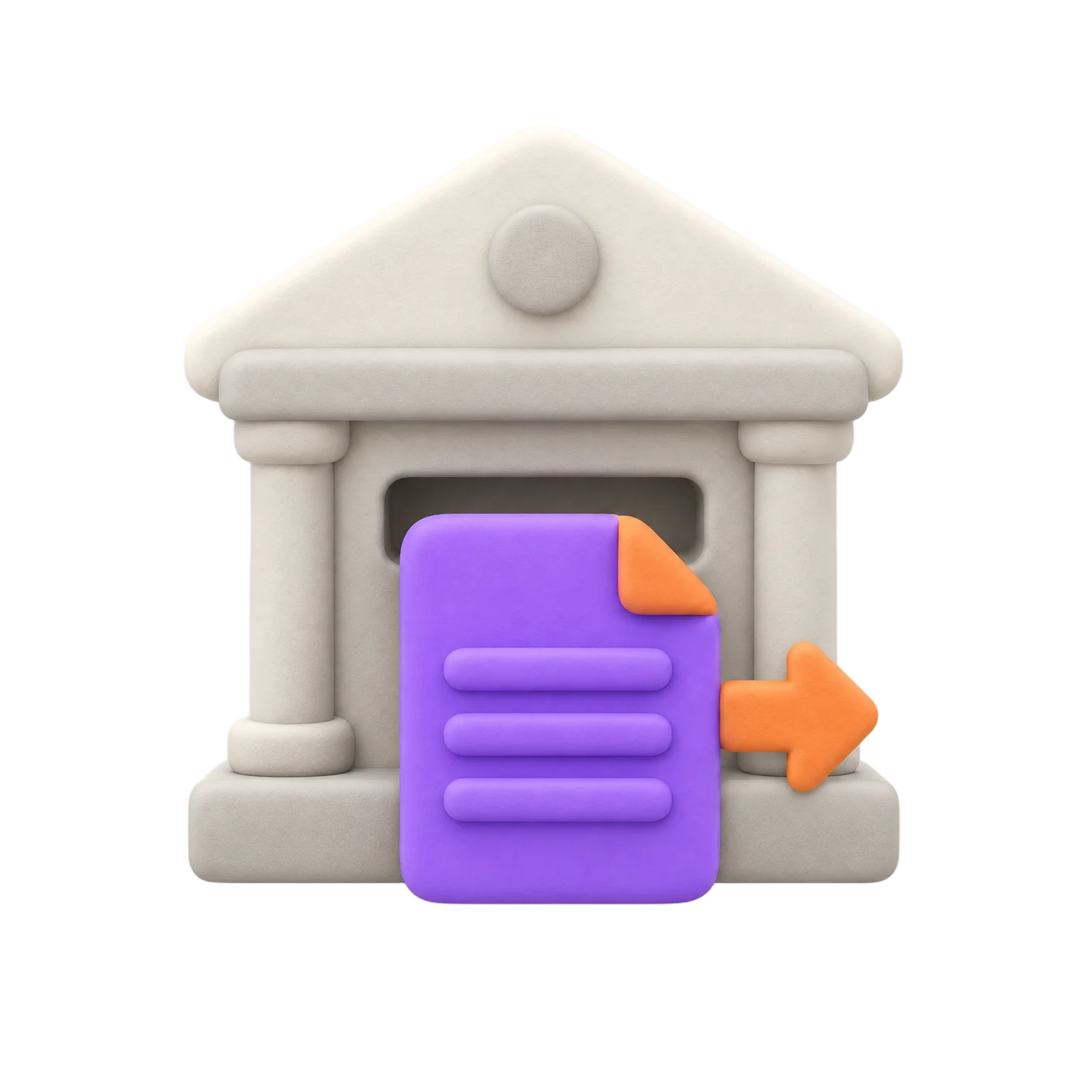 Matte clay icon of a bank facade with a clay payment file card sliding out