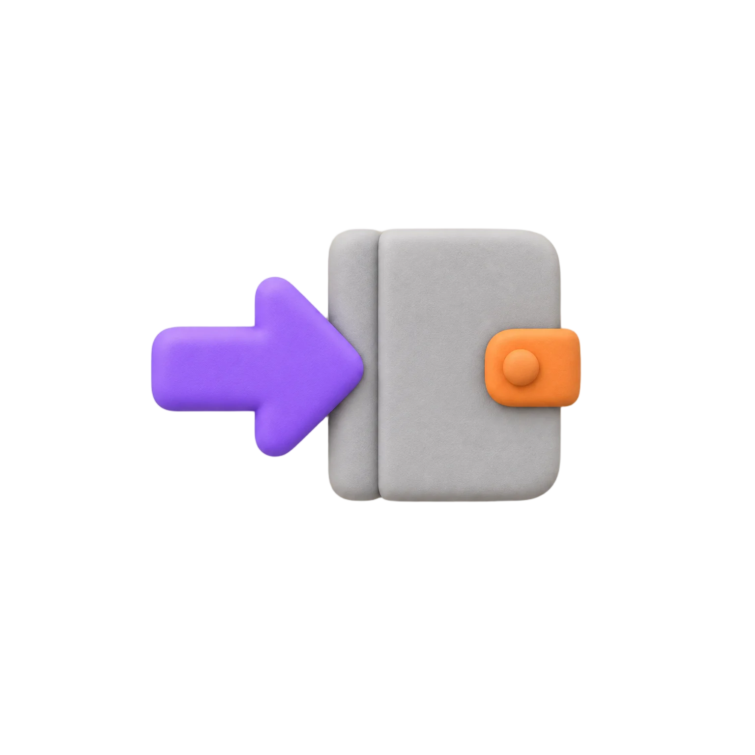 Matte clay icon of a purple arrow pushing a small clay journal token into a clay app tile