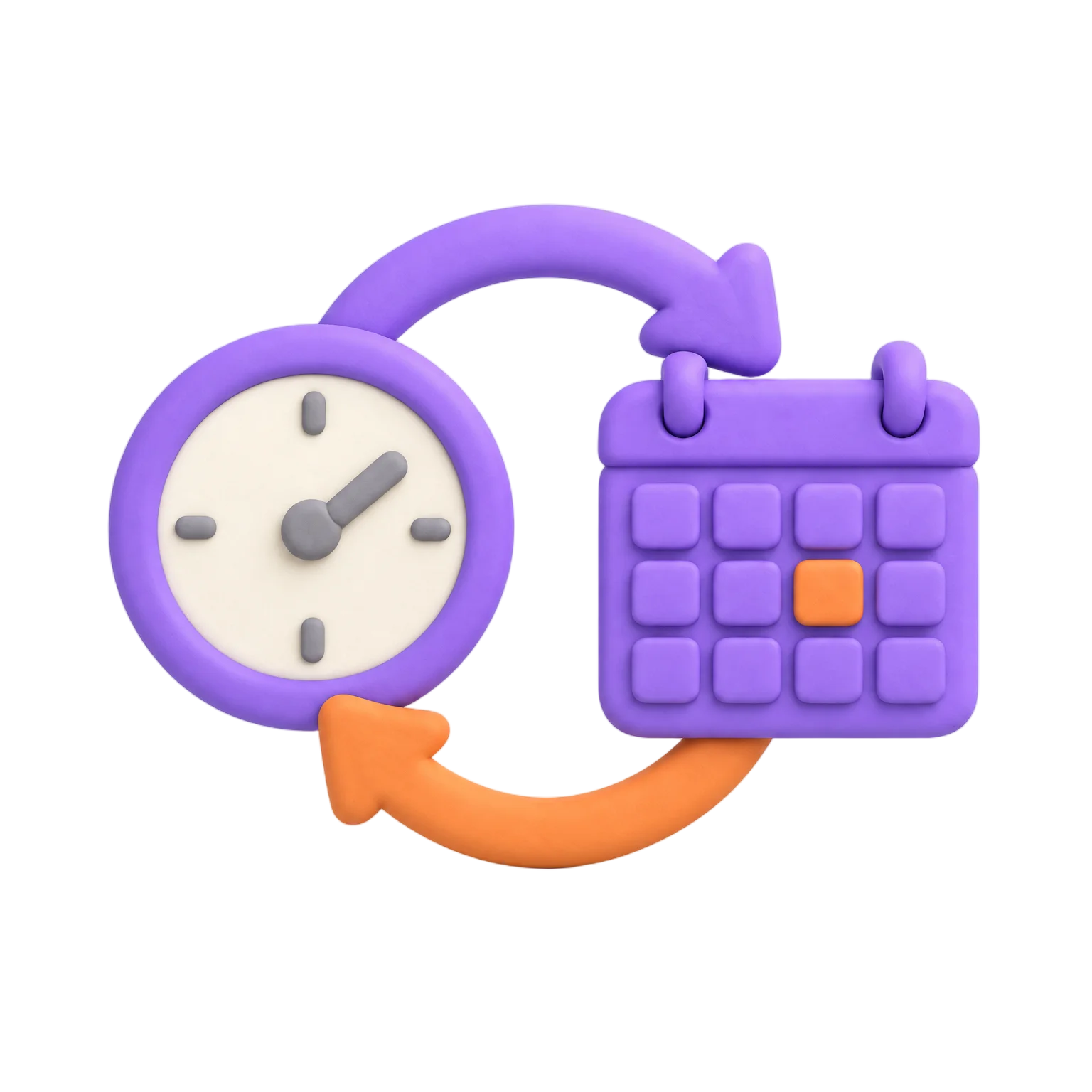 Matte clay icon of a clock joined to a calendar block by a two-way sync arrow