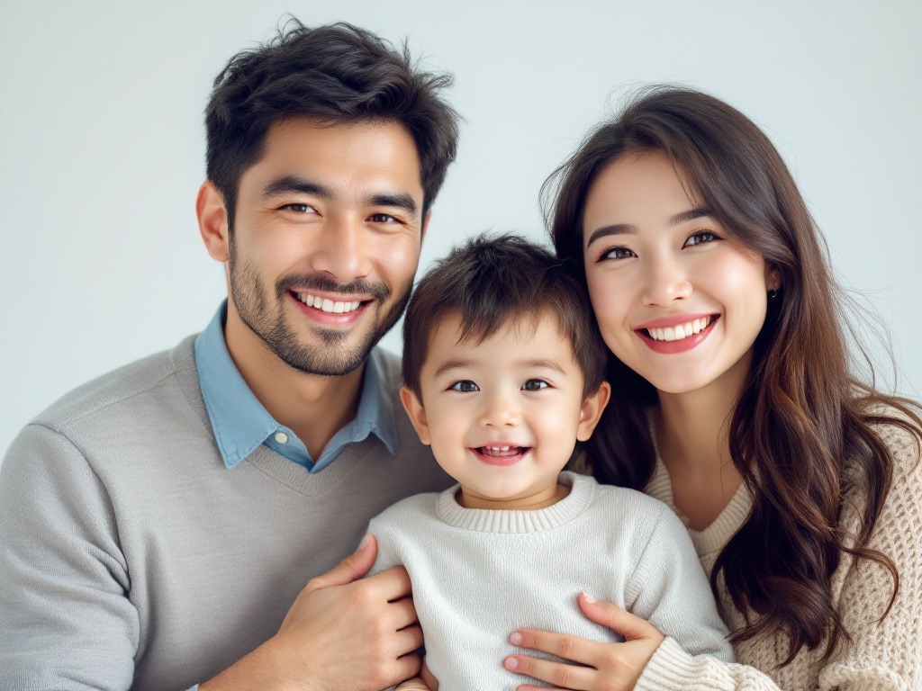 Happy asian family consists of father, mother, and 5 years old boy