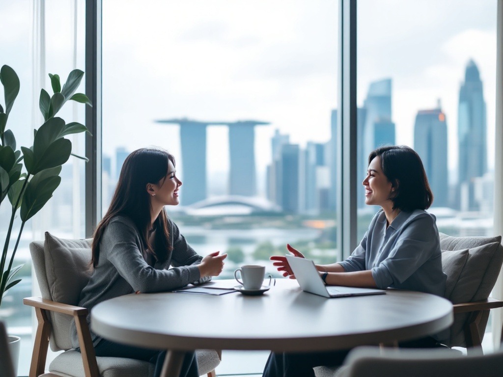 two employees sitting in a room with marina bay sands view to talk over about annual leave encashment in Singapore