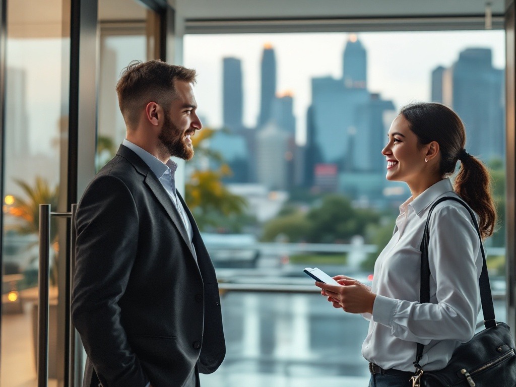 two colleagues chit-chatting in office setting with Singapore's buildings view