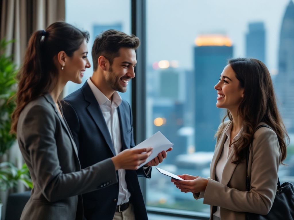 3 colleagues are chit-chatting in office setting