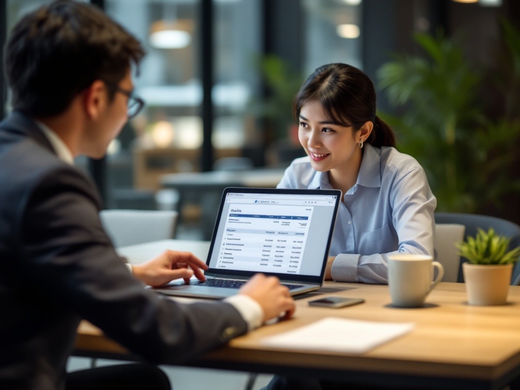 Two employees discussing over probation period guide in Singapore in their office room