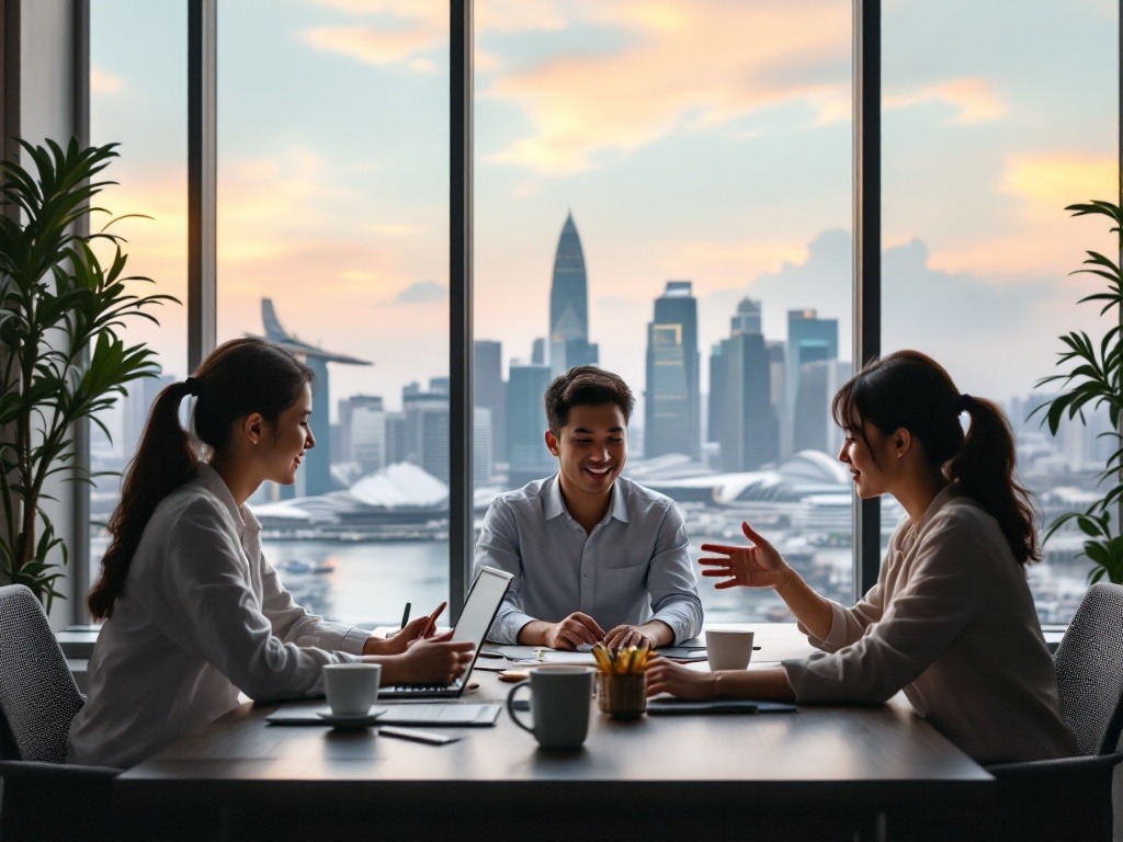 three asian employees in a office room with marina bay sands view to talk about public holiday in Singapore