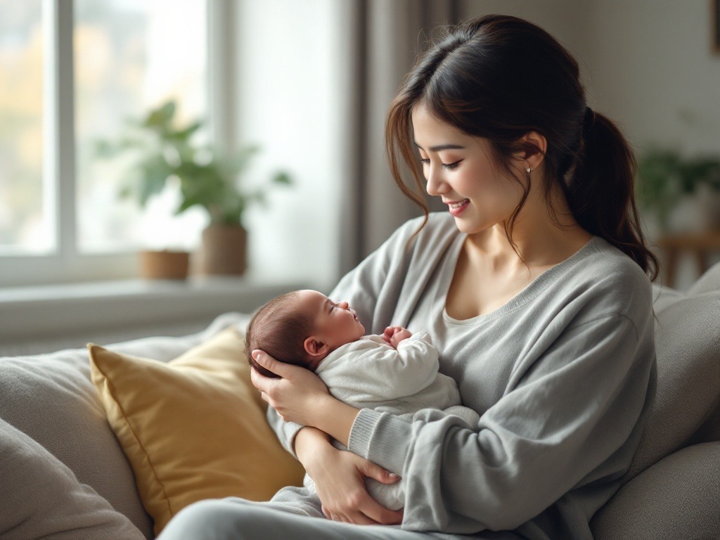 An asian mom holding her newborn baby in the living room