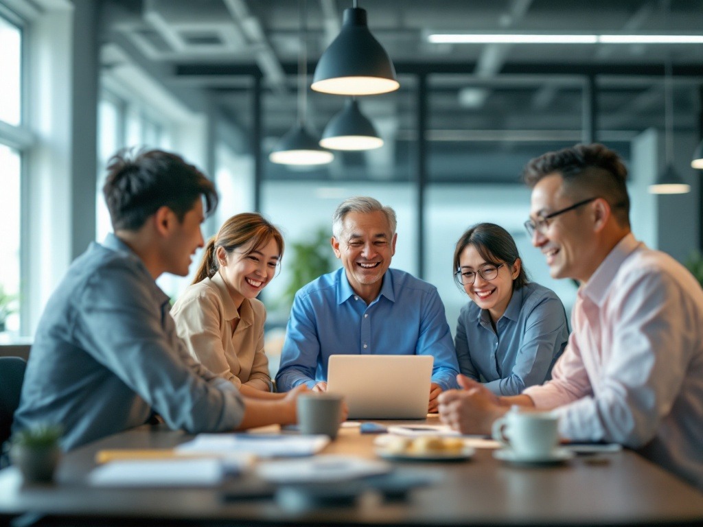 Retired employees and young employees are gathered in a office