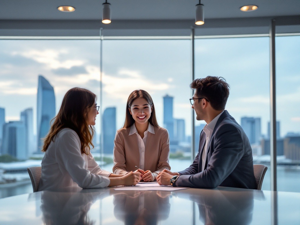 three asian employees in a office room with marina bay sands view to talk about ow and aw ceiling calculation guide in Singapore