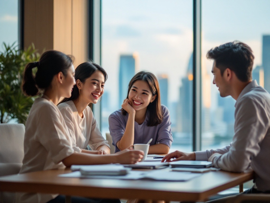 Four asian employees in a room with marina bay sands view to talk about AWS bonus in Singapore