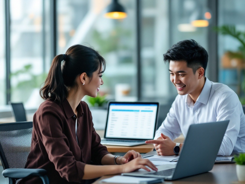 a singaporean HR officer discuss with an employee to manage itemised payslip using software in a laptop