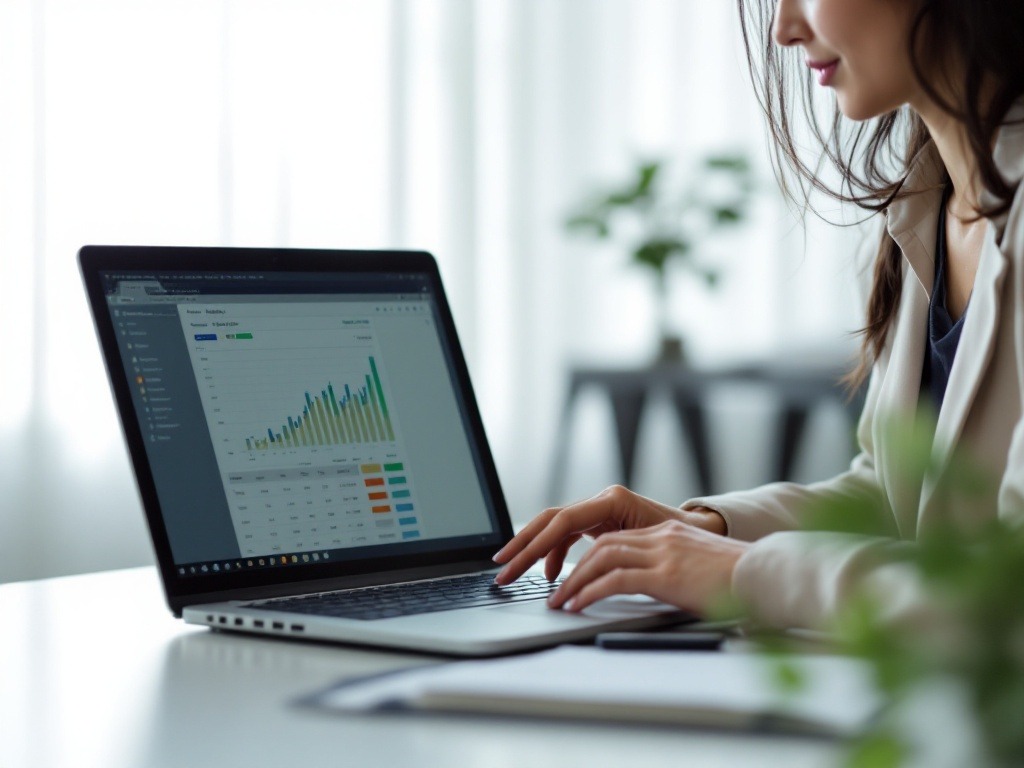 a singaporean employee seems like doing salary calculation in her office with laptop