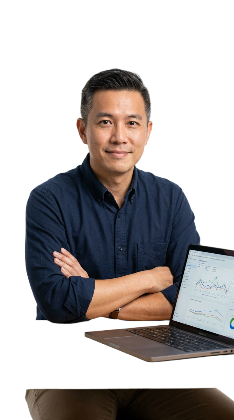 Relaxed Singapore SME owner reviewing business data