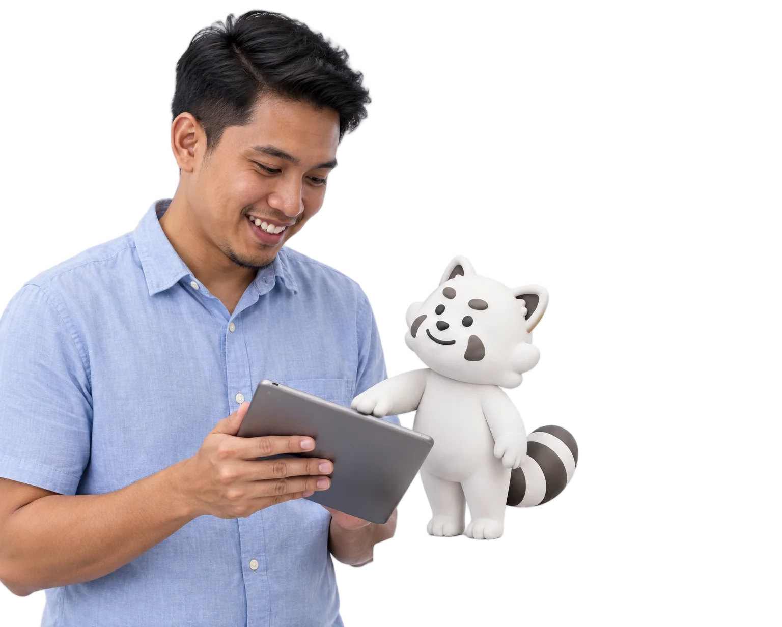 GutsyHQ clay mascot and a Singaporean professional reviewing a workflow Platform Flow panel on a tablet