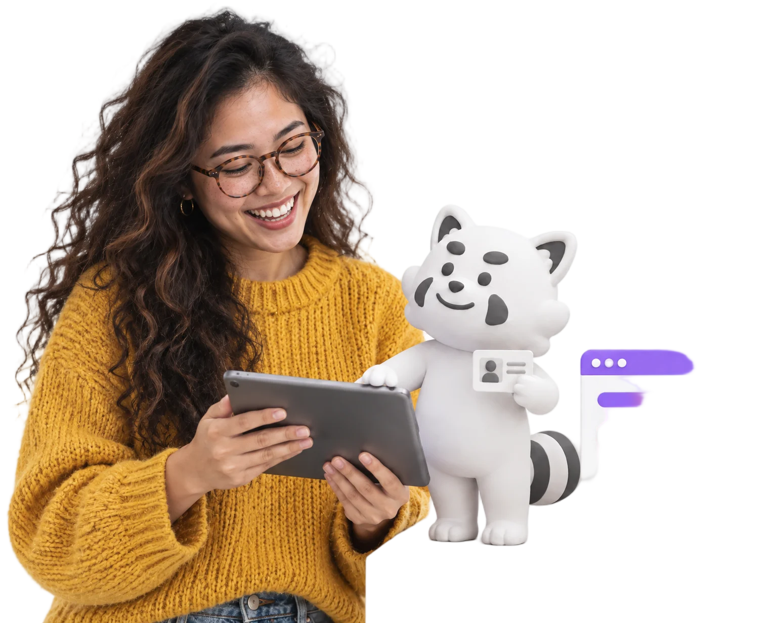 GutsyHQ clay mascot and a Singaporean HR specialist reviewing an AI-verified form submission on a tablet