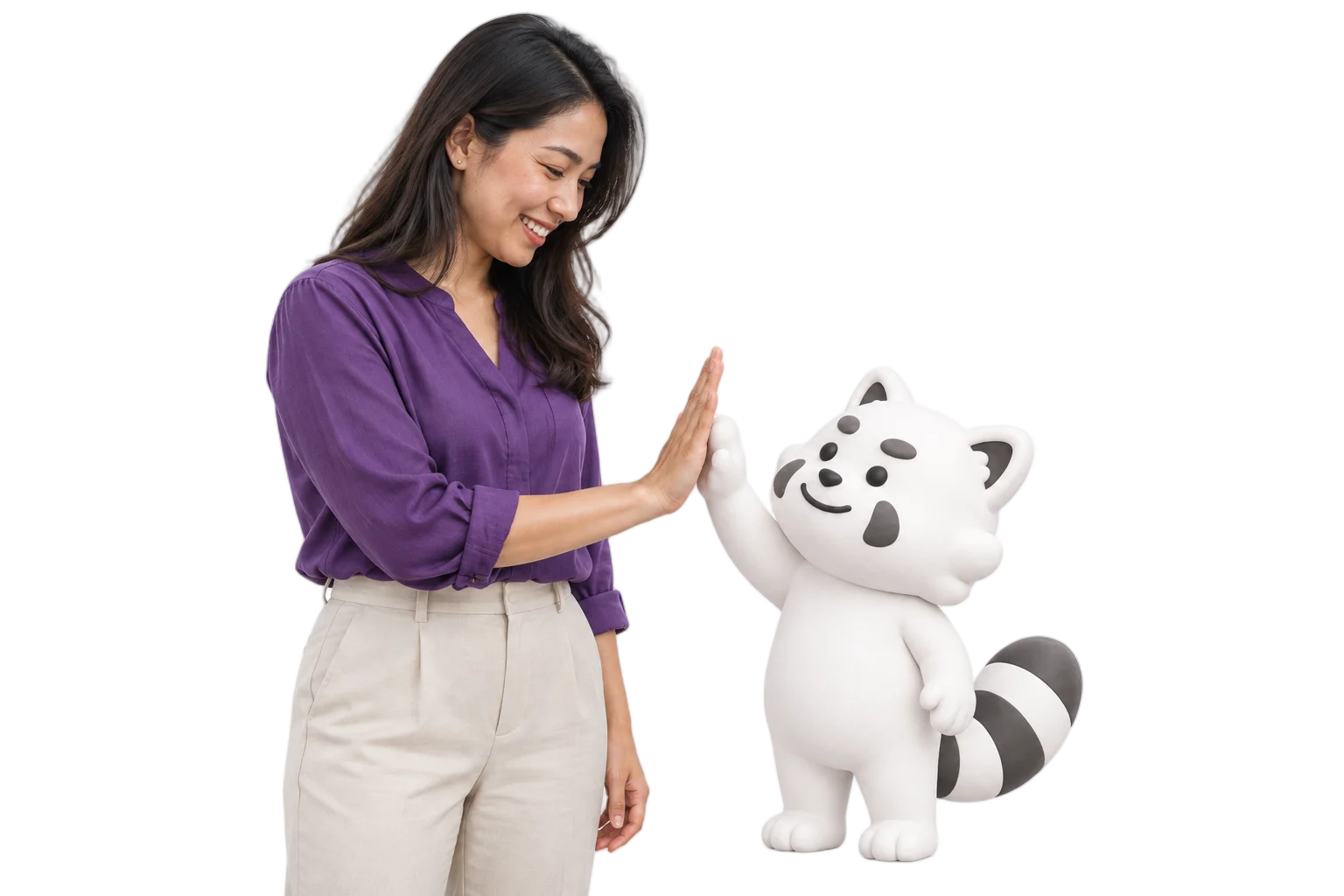 3D clay Gutsy mascot high-fiving a smiling photographic professional woman