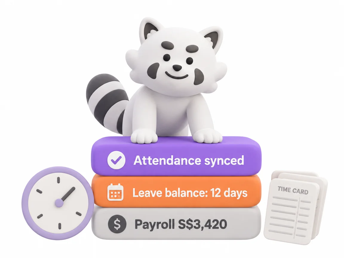 Gutsy clay character standing on a stack of clay dashboard cards showing attendance synced, leave balance 12 days and payroll S$3,420, beside a clay clock and time cards