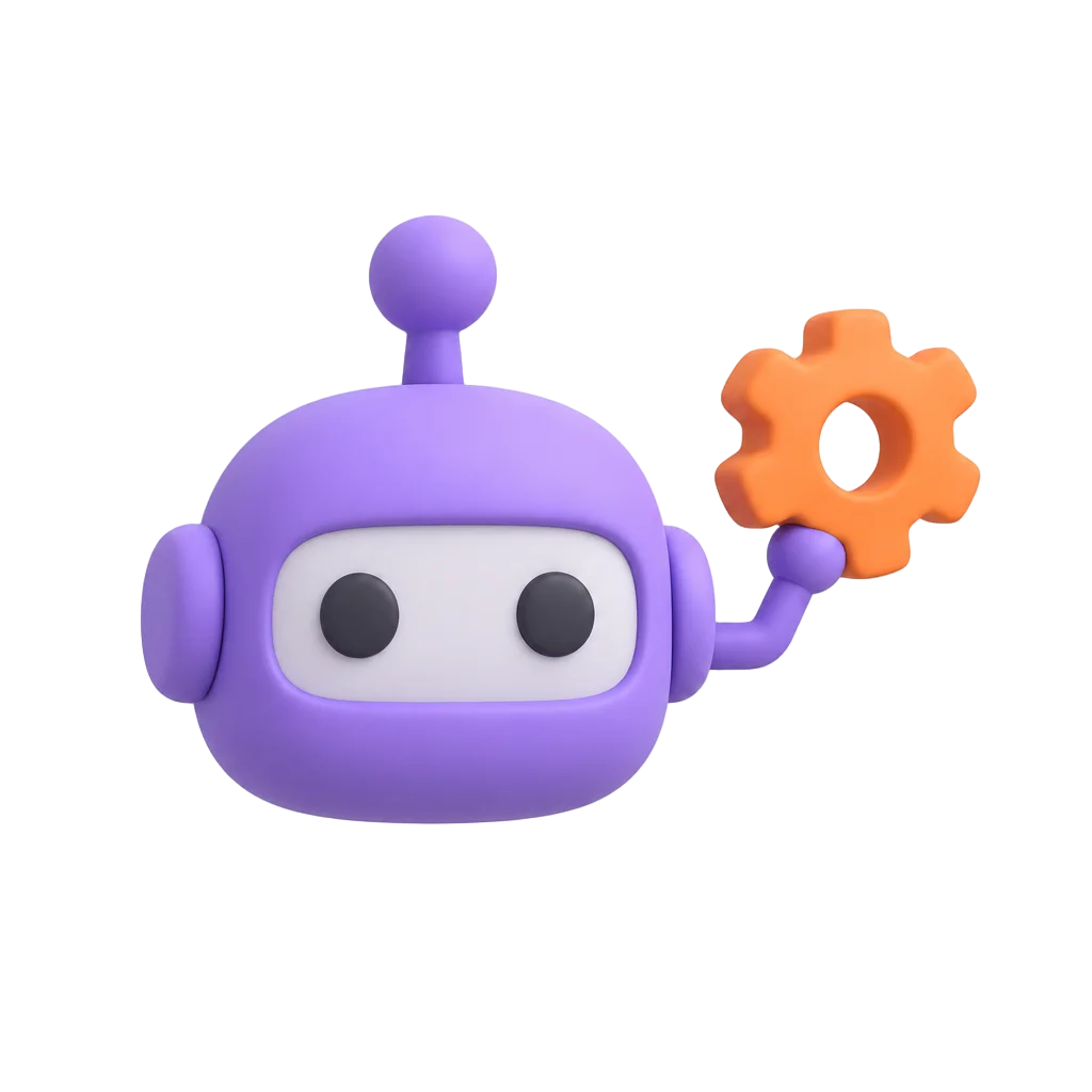 Matte clay robot head with an orbiting gear in Gutsy purple and orange representing agent orchestration