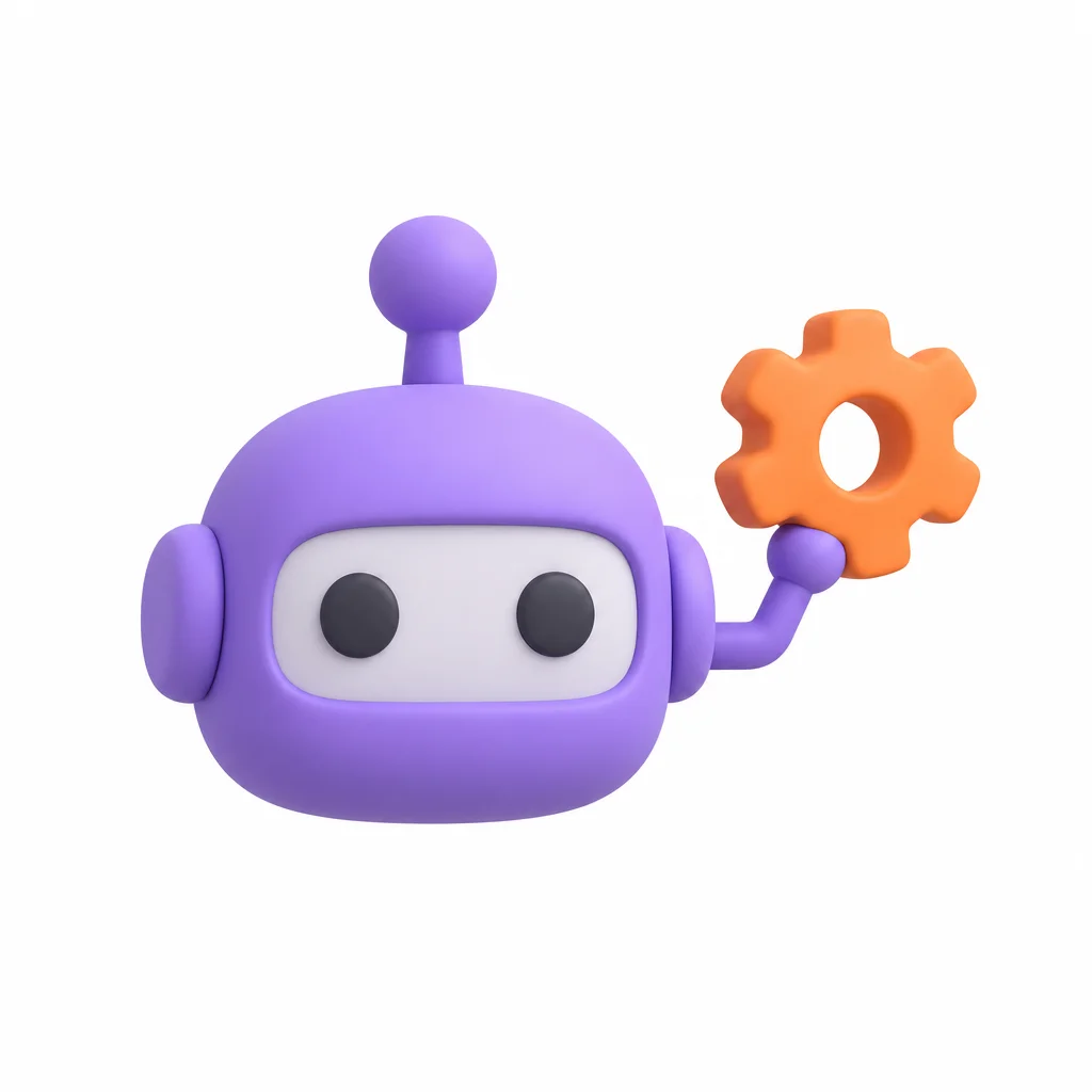 Matte clay robot head with an orbiting gear in Gutsy purple and orange representing agent orchestration