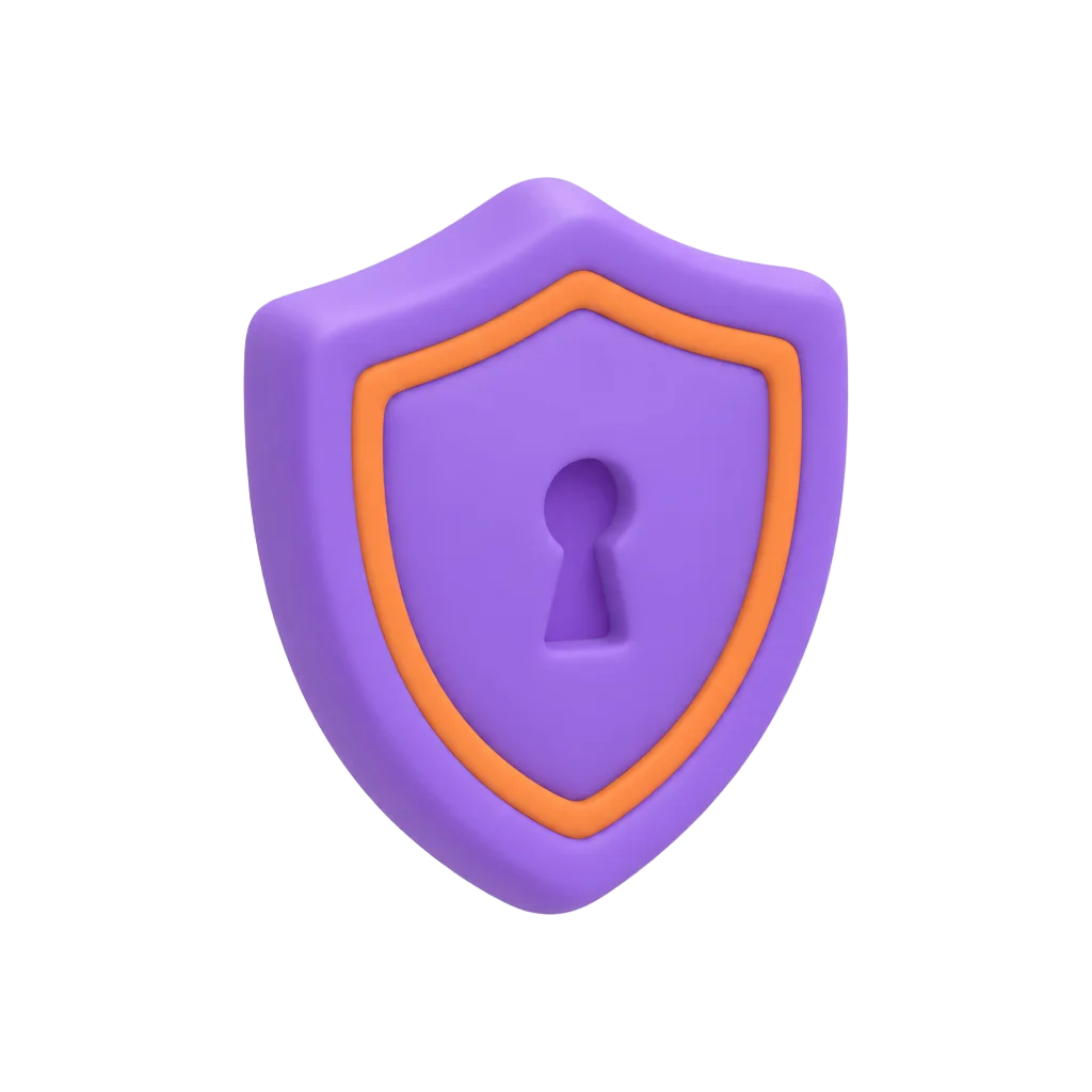 Matte clay shield icon with a keyhole in Gutsy purple with an orange accent, representing data sovereignty
