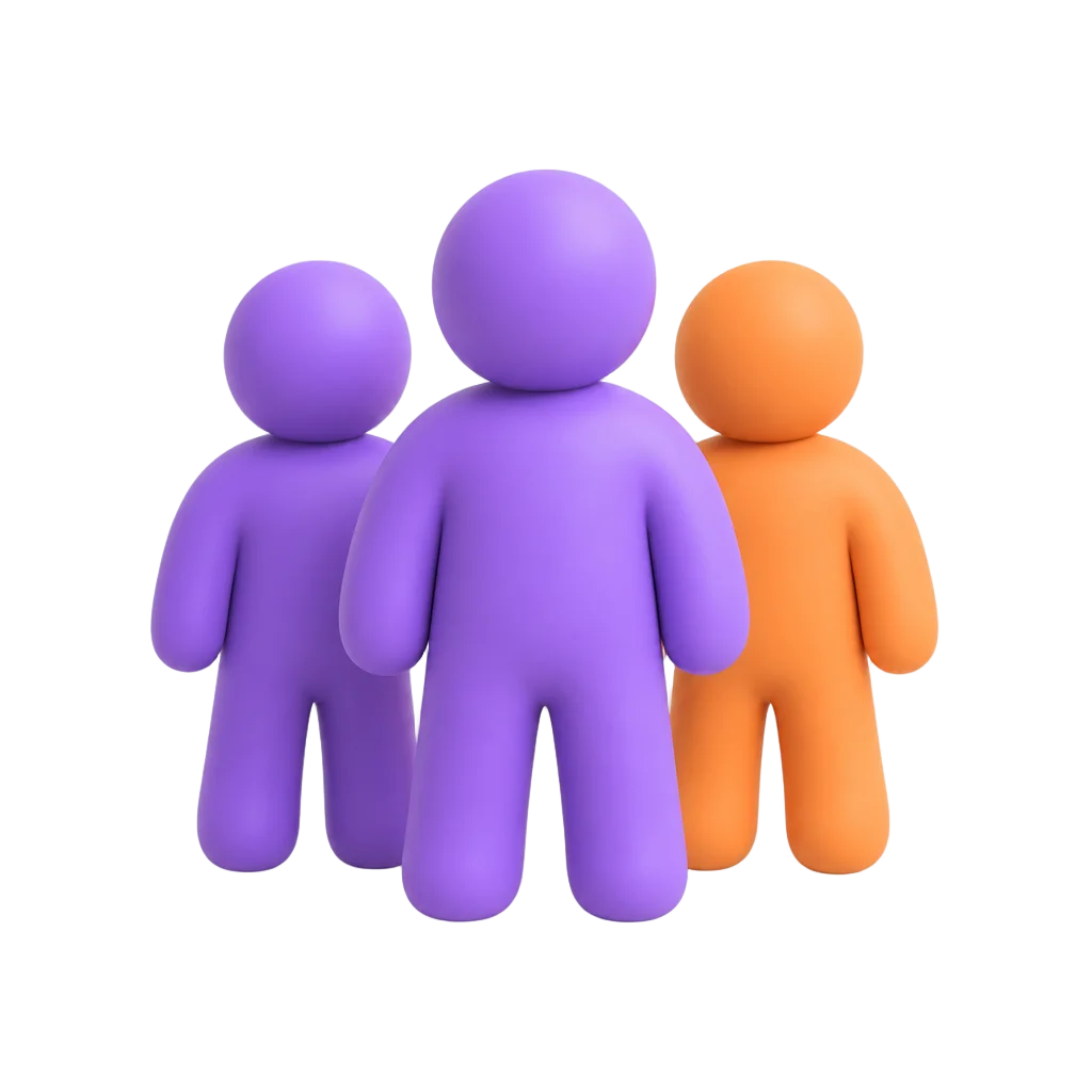 Matte clay group of three people figures in Gutsy purple and orange representing people management