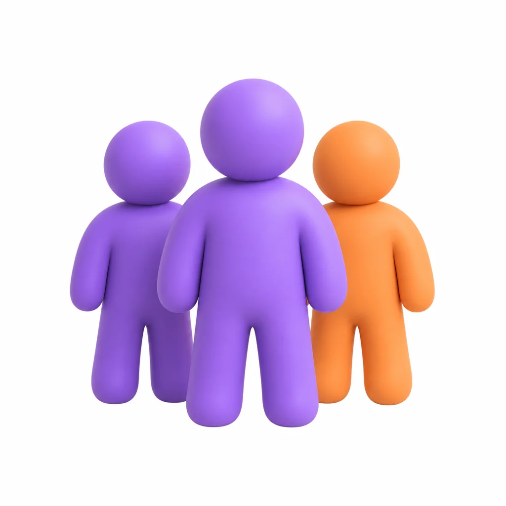 Matte clay group of three people figures in Gutsy purple and orange representing people management
