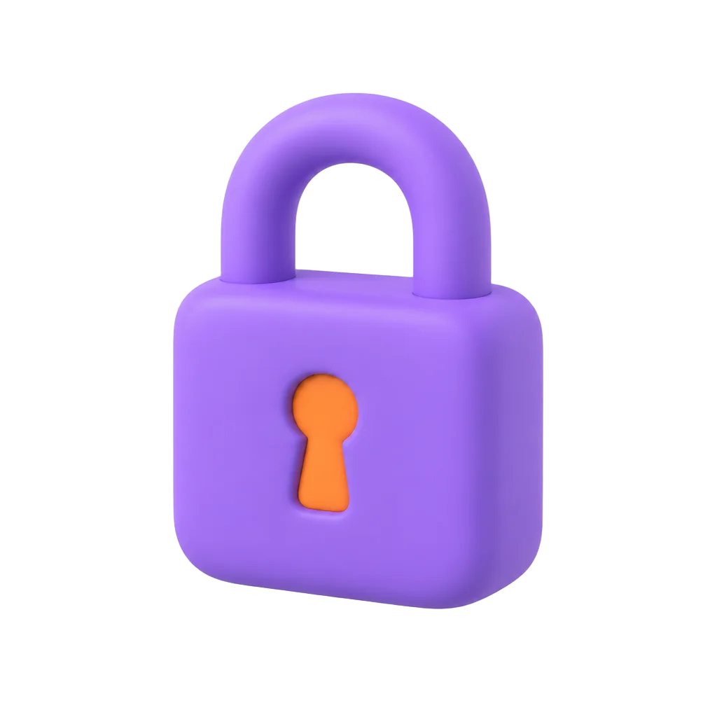 Matte clay padlock icon in Gutsy purple with an orange keyhole, representing private inference