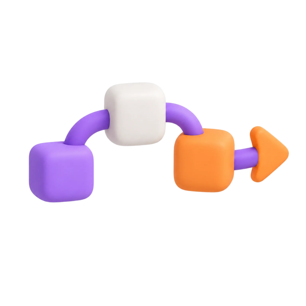 Matte clay 3D icon of three connected blocks joined by a purple flow tube ending in an orange arrow, representing workflow and automation