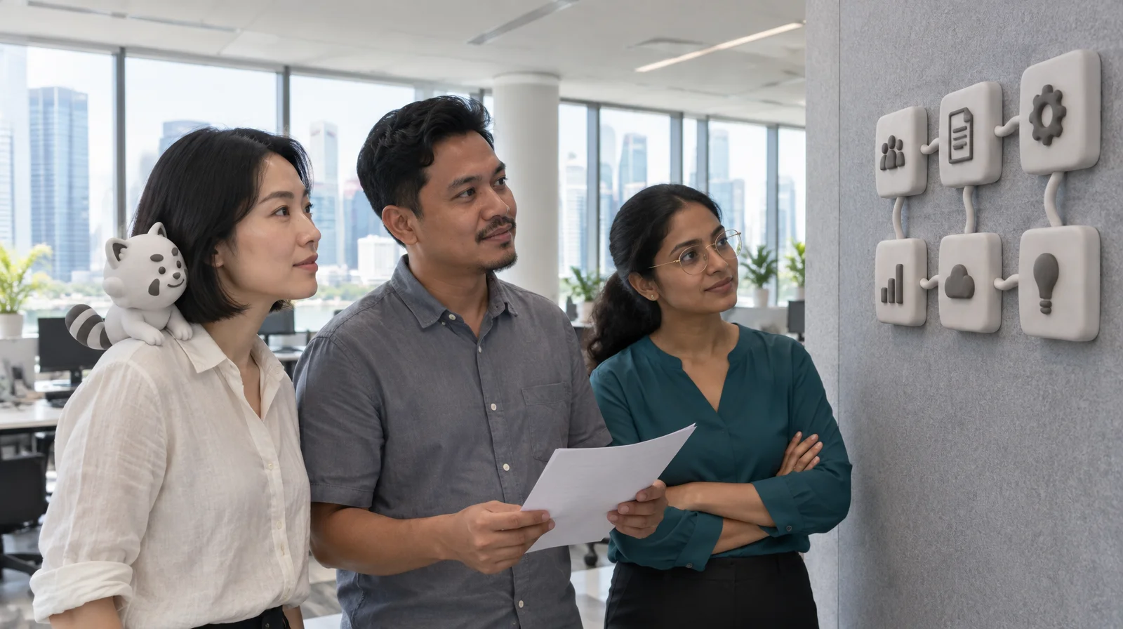 Singaporean colleagues viewing a connected-systems Integration Hub panel with the Gutsy clay character