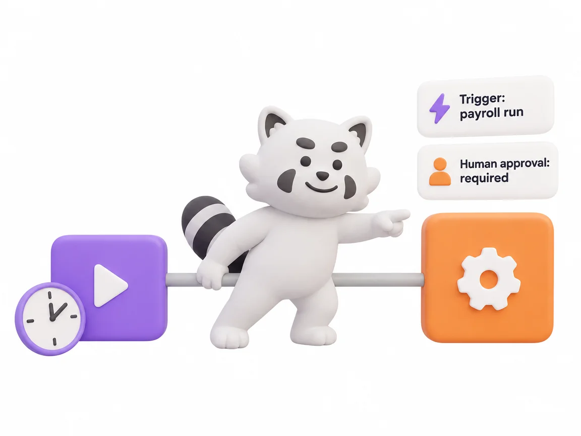 Gutsy clay character on an orchestration flow between two clay nodes, with cards reading trigger payroll run and human approval required