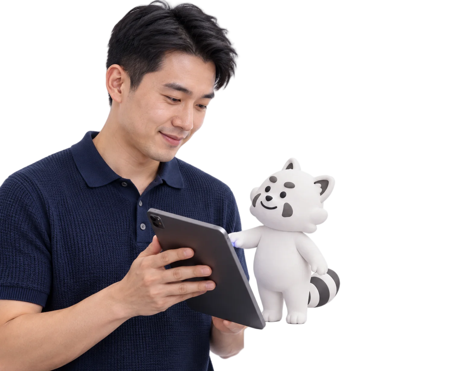 GutsyHQ clay mascot and a Singaporean professional reviewing a live Agent Lifecycle panel on a tablet