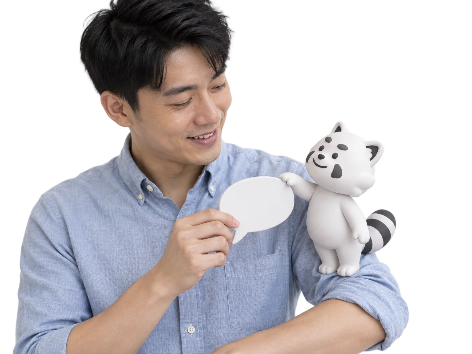 Singaporean employee using a clay chat-bubble chip with the Gutsy clay character perched on his forearm