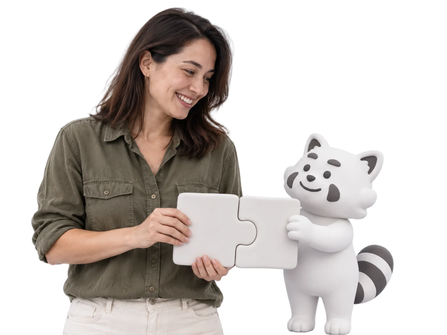 Singaporean workflow builder in an olive utility shirt and the Gutsy clay character both holding one clay flow-chart chip