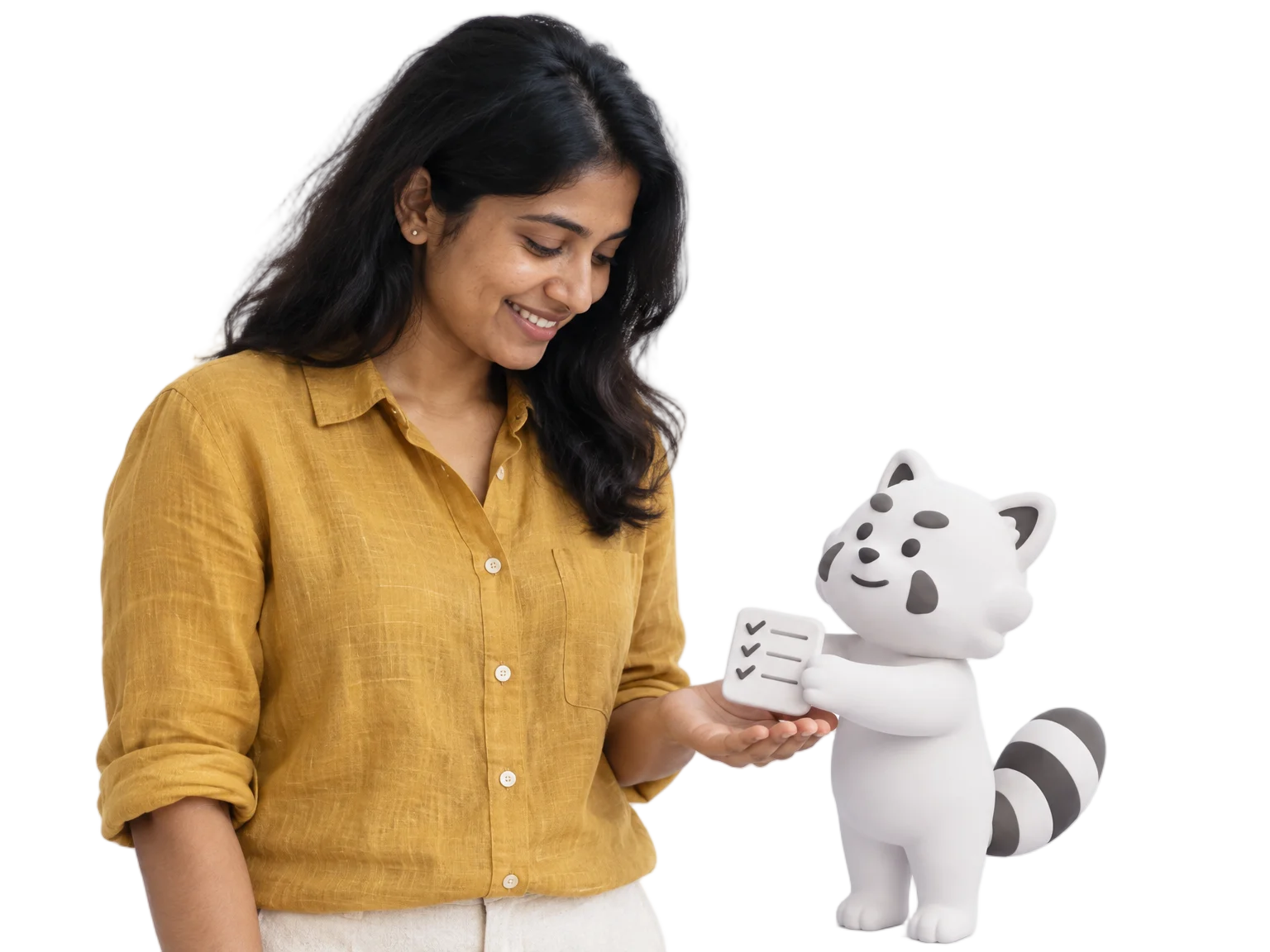 Singaporean HR administrator in a mustard linen shirt receiving a clay checklist chip from the Gutsy clay character