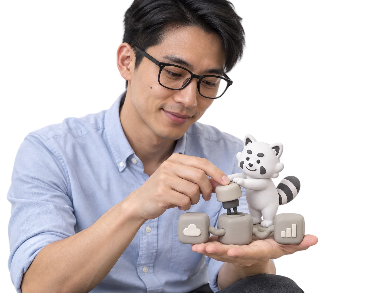 Singaporean IT administrator in a slate polo and the Gutsy clay character connecting one clay plug chip
