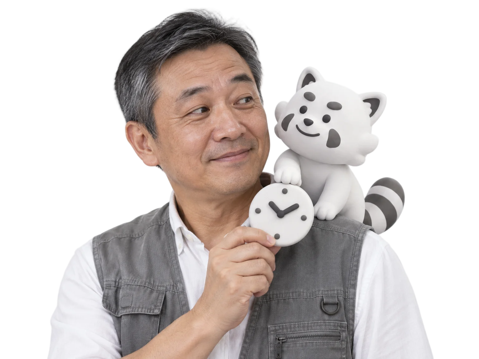 Singaporean operations supervisor in a utility vest with the Gutsy clay character perched on his shoulder pressing a clay clock chip