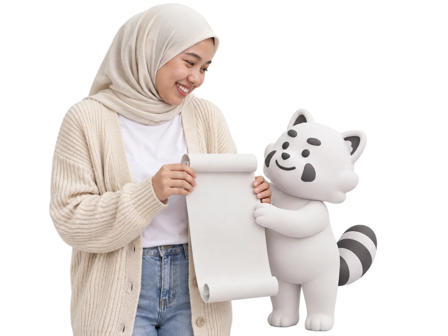 Singaporean employee in a cream cardigan and the Gutsy clay character both holding one clay receipt chip