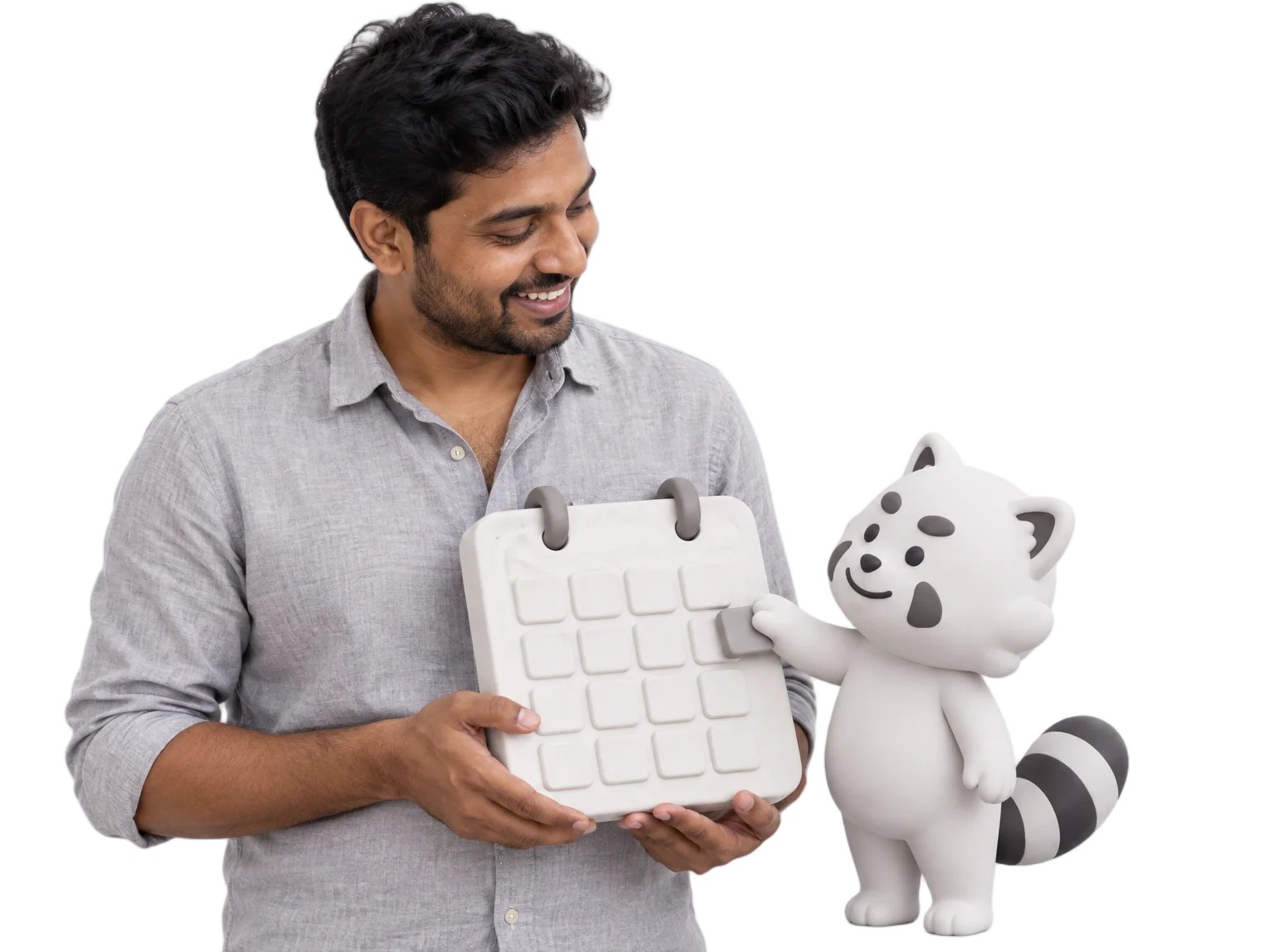 Singaporean team lead in a light grey shirt and the Gutsy clay character placing a clay date cube on a clay calendar chip