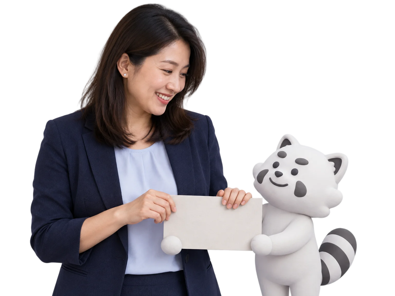 Singaporean payroll manager in a navy blazer and the Gutsy clay character both holding one clay payslip chip