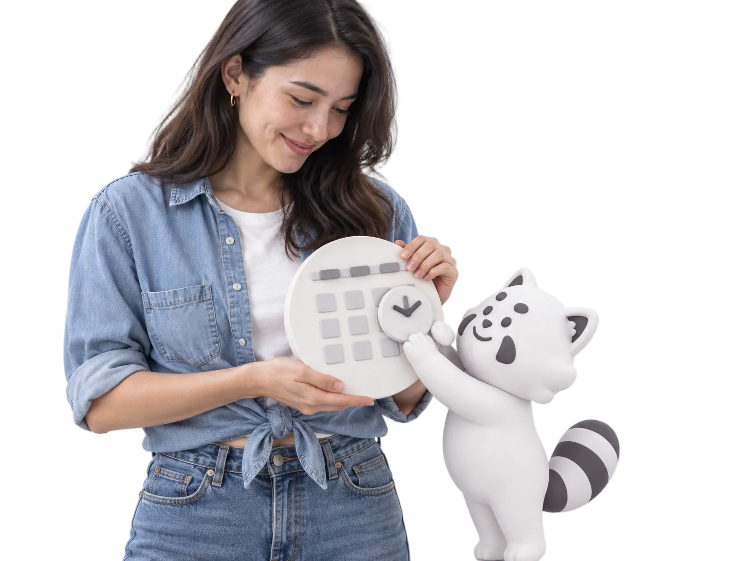 Singaporean scheduling coordinator in a denim shirt and the Gutsy clay character pressing a clay clock chip onto a clay shift schedule